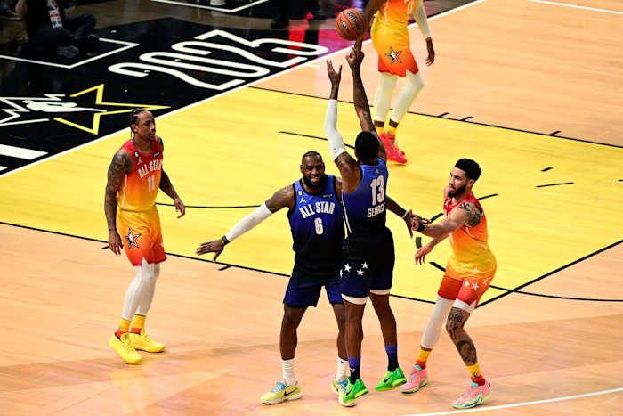 Paul George shoots the ball in the 2023 NBA All-Star Game.